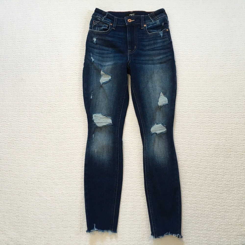 Edgely Dark Wash Super Skinny High‎ Rise Distressed Jeans Wm Sz 0 Short Moto
